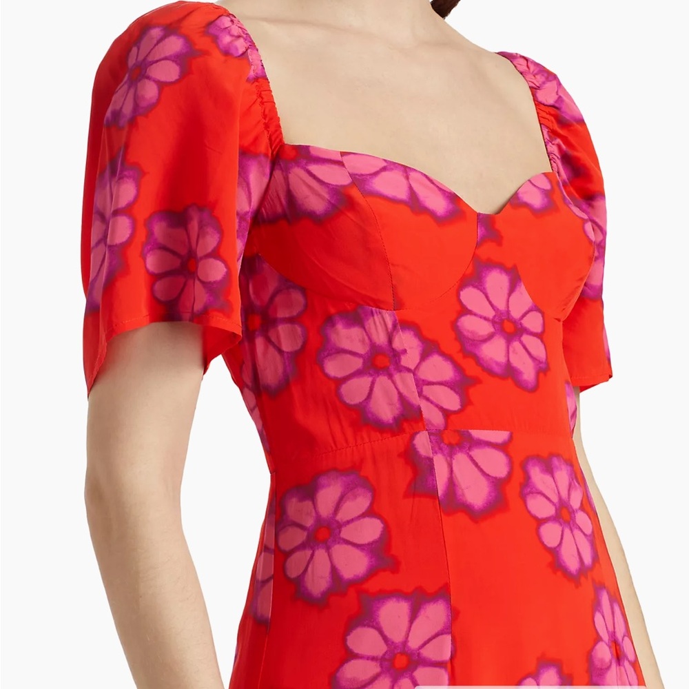 RHODE Red and Pink Ruffled Midi Dress with Puff Sleeves - Picture 5 of 10